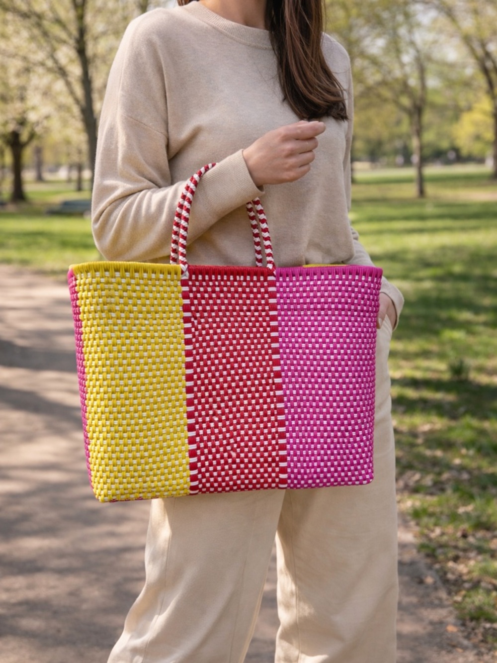 Artisanal Colorblock Woven Tote Bag - Pink, Red & Yellow